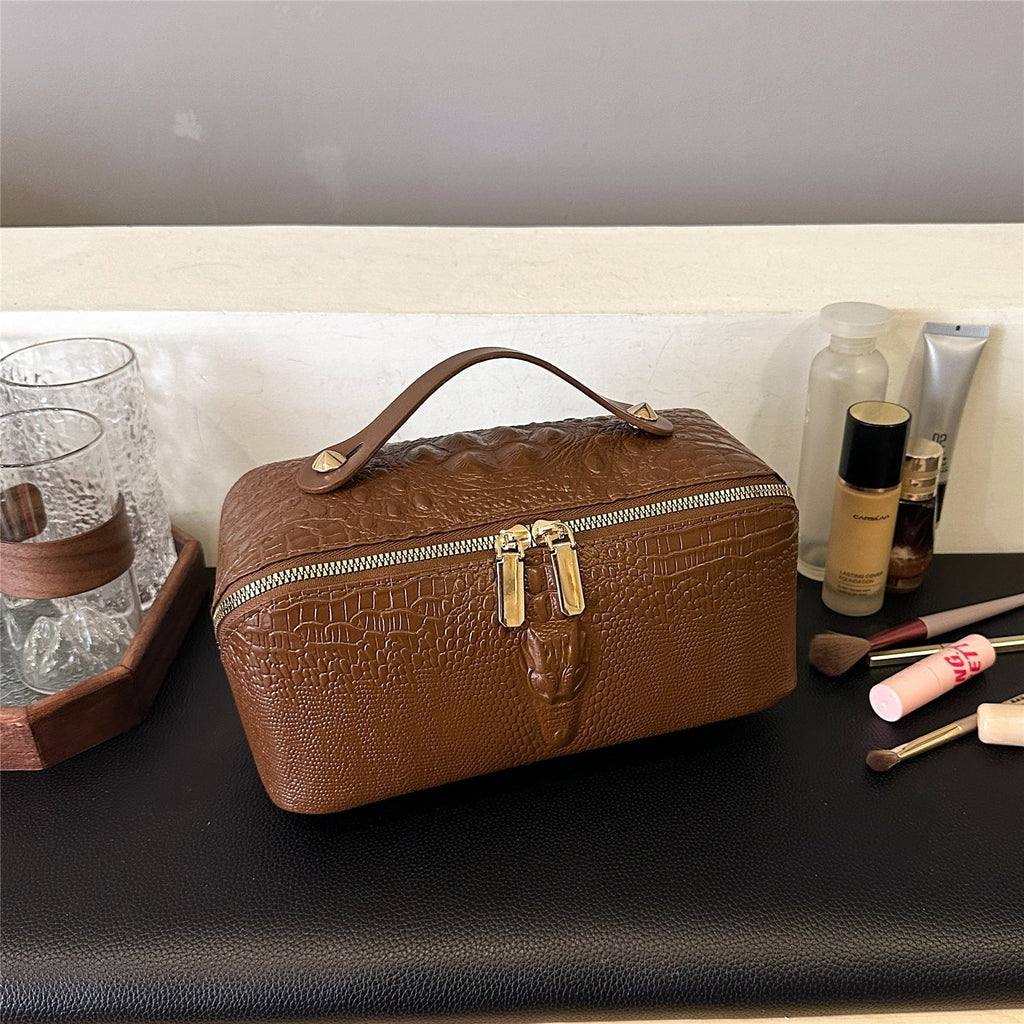 Crocodile-Embossed Travel Makeup Bag