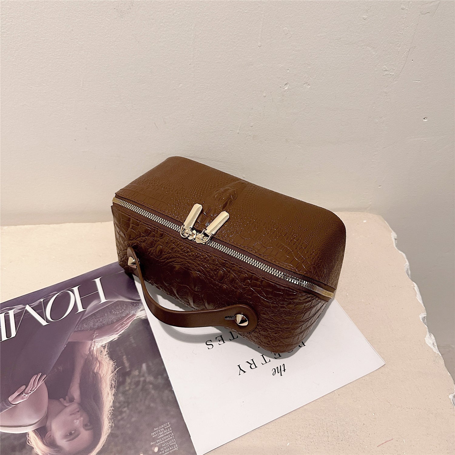 Crocodile-Embossed Travel Makeup Bag