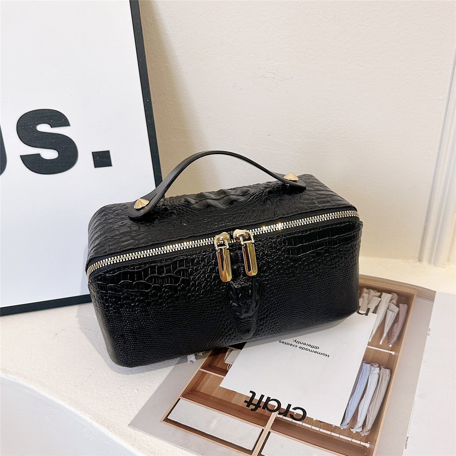 Crocodile-Embossed Travel Makeup Bag