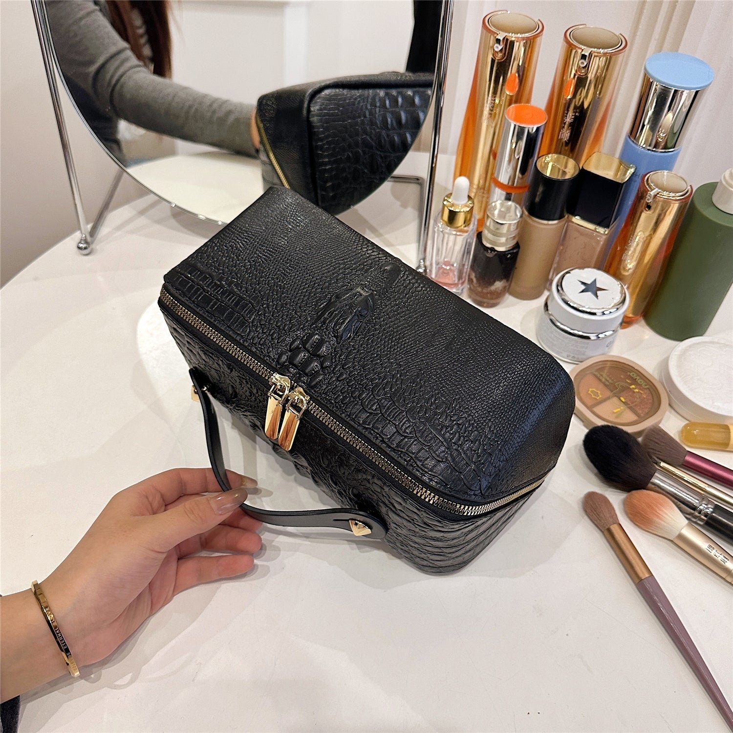 Crocodile-Embossed Travel Makeup Bag
