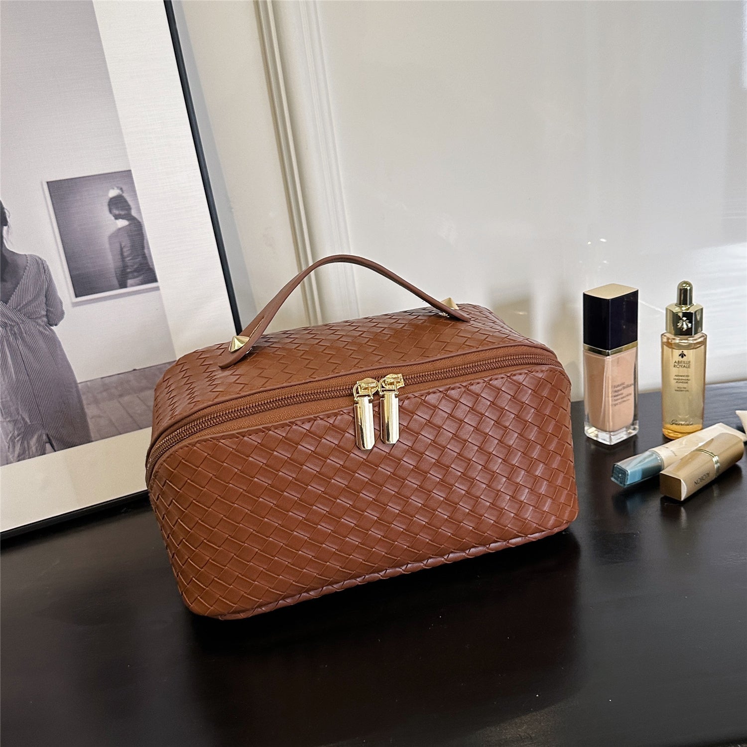 Synthetic Leather Woven Travel Makeup Bag