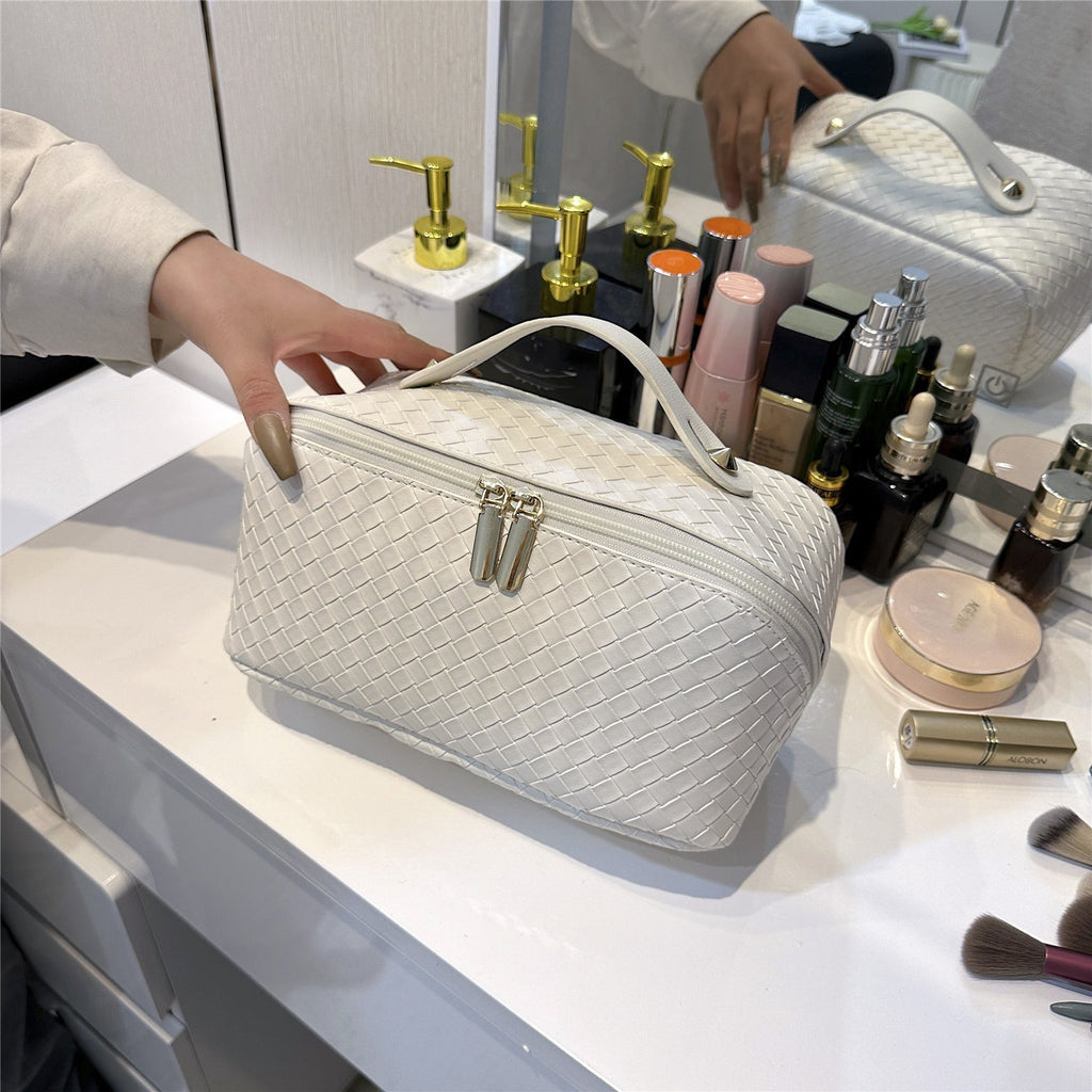 Synthetic Leather Woven Travel Makeup Bag