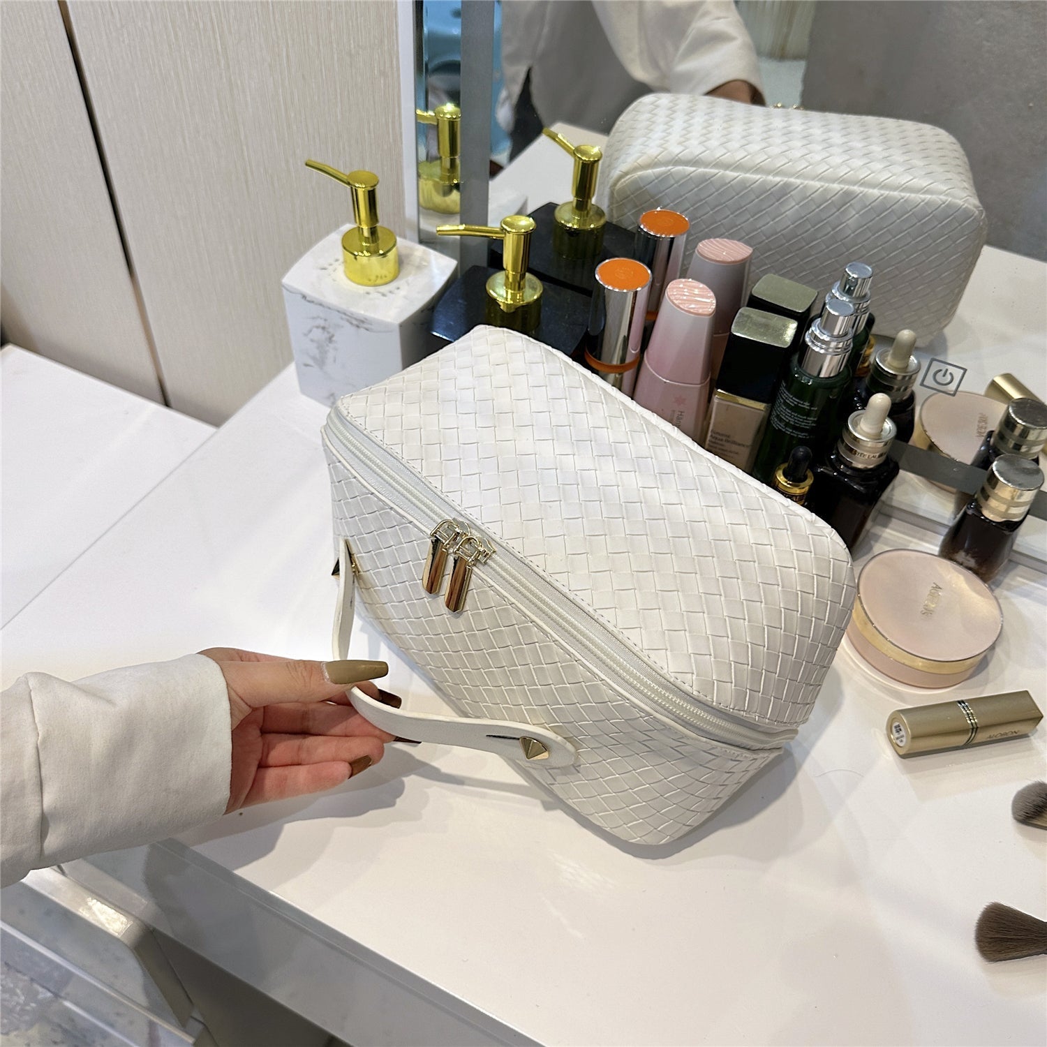 Synthetic Leather Woven Travel Makeup Bag