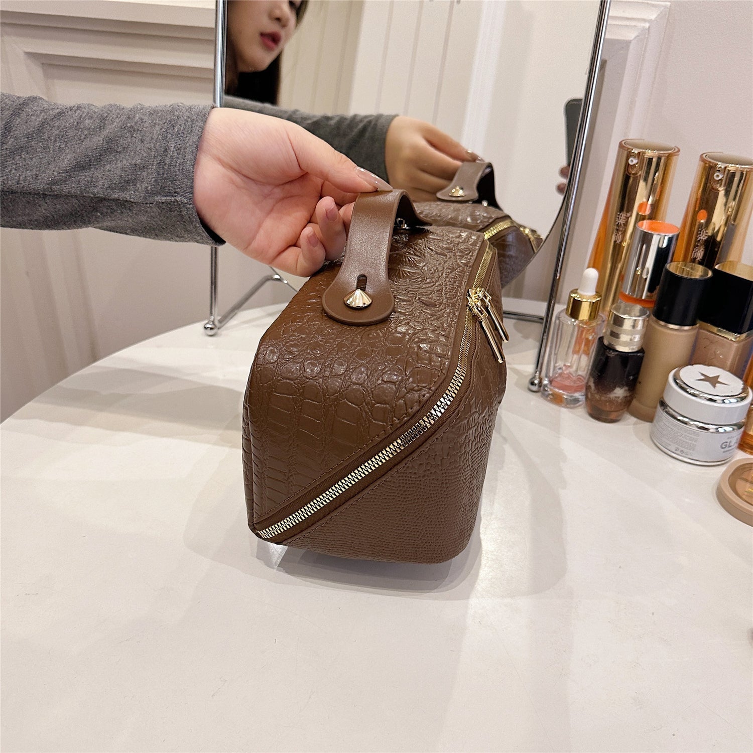 Crocodile-Embossed Travel Makeup Bag