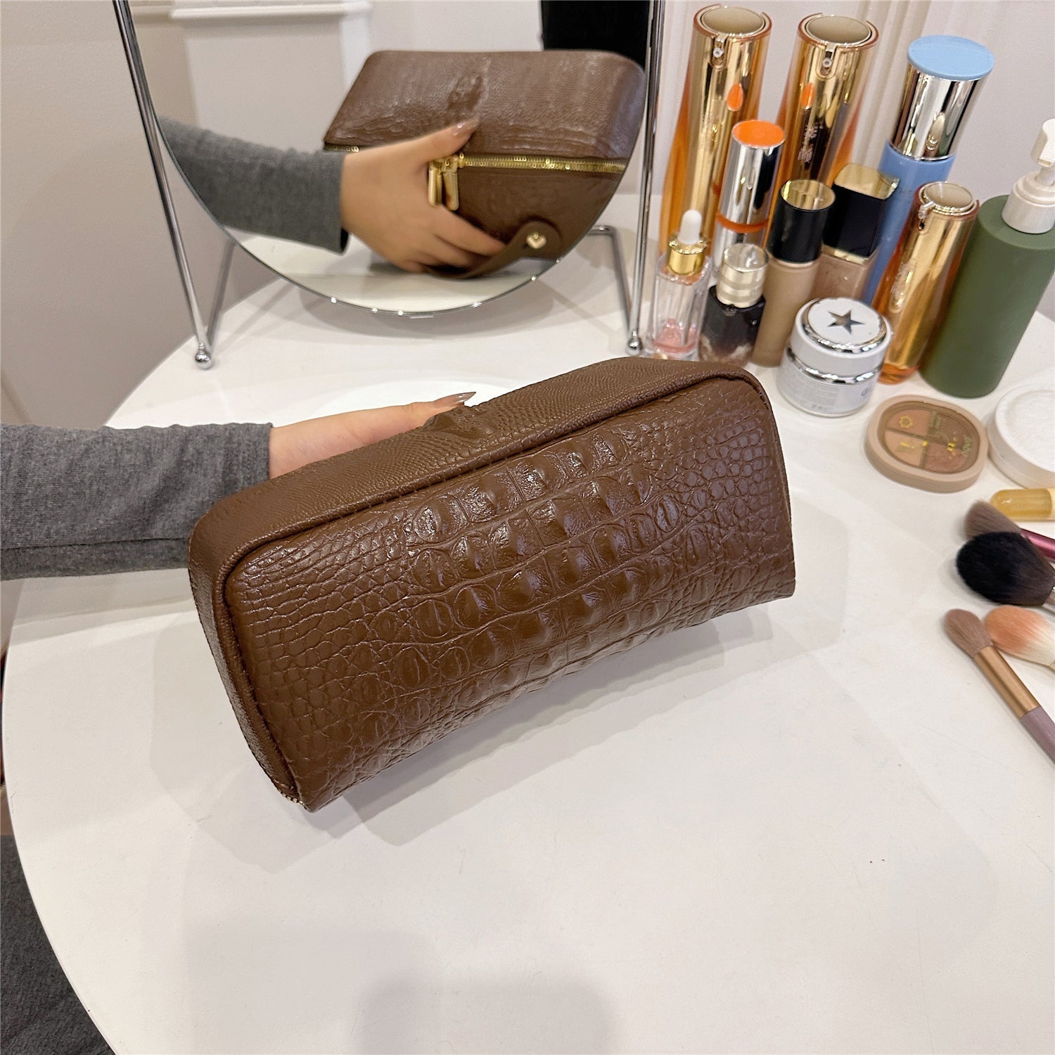 Crocodile-Embossed Travel Makeup Bag