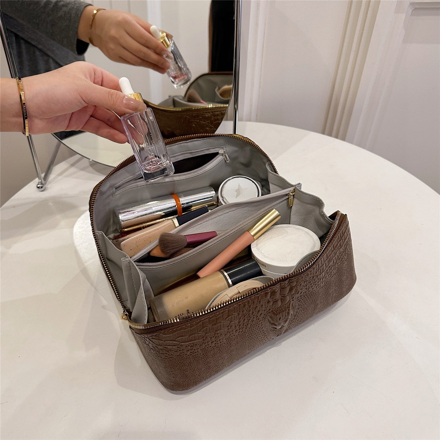 Crocodile-Embossed Travel Makeup Bag