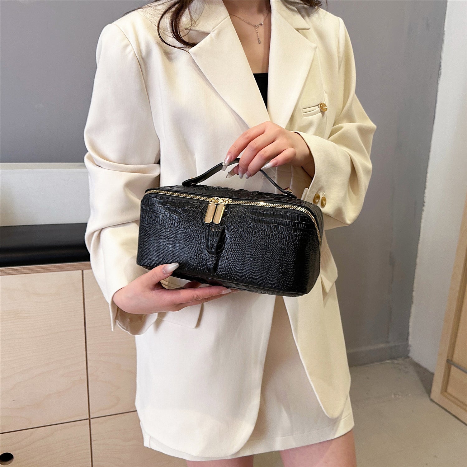 Crocodile-Embossed Travel Makeup Bag