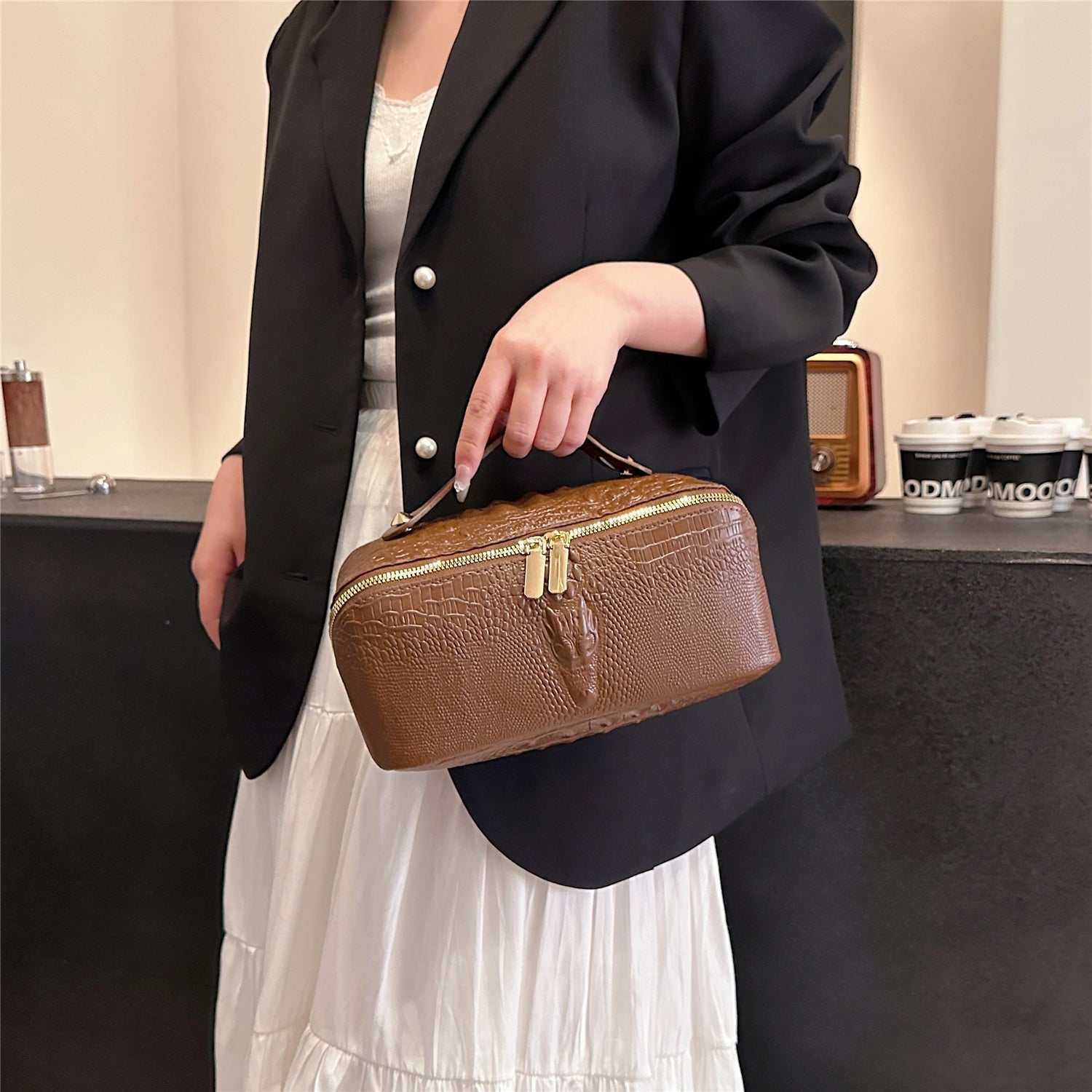 Crocodile-Embossed Travel Makeup Bag