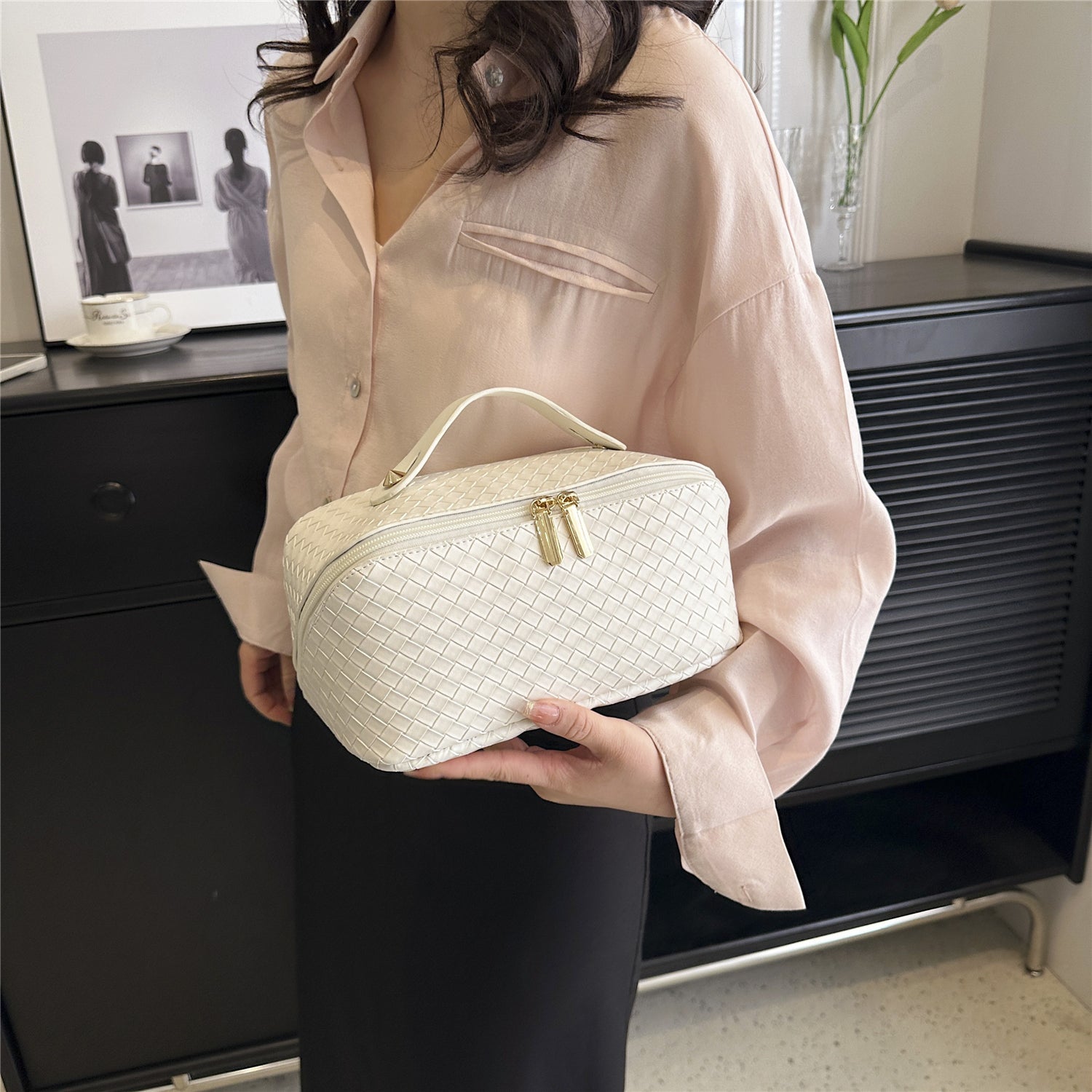 Synthetic Leather Woven Travel Makeup Bag