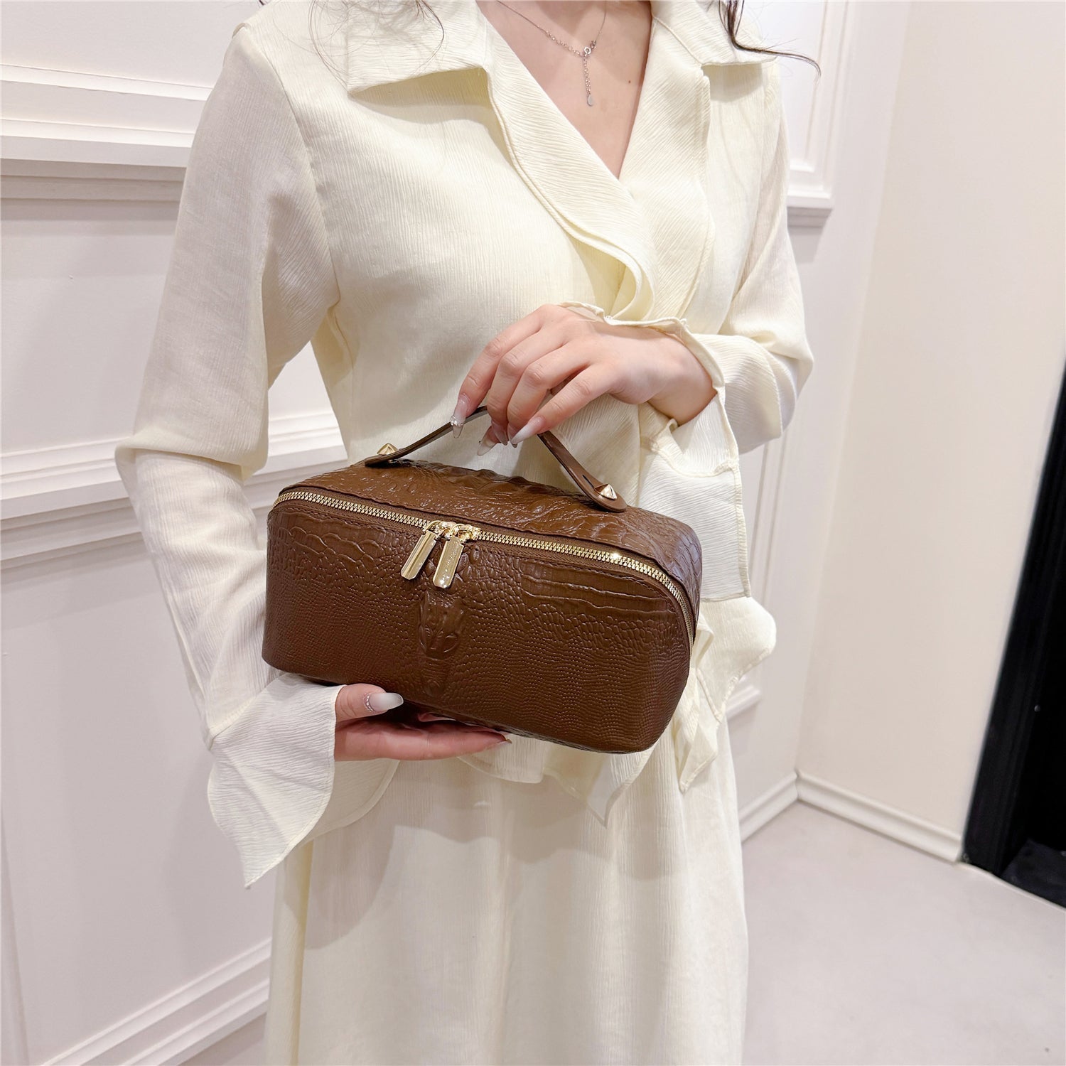 Crocodile-Embossed Travel Makeup Bag