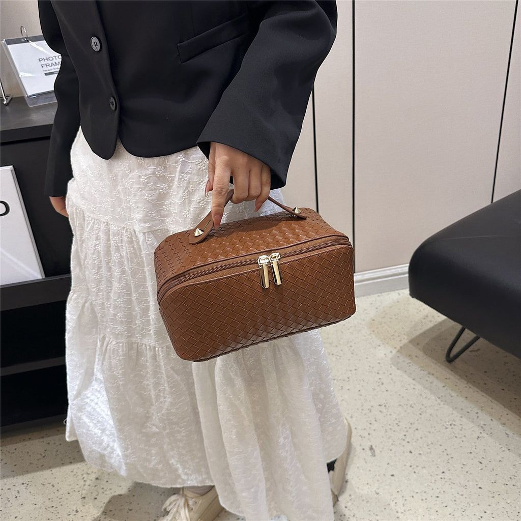 Synthetic Leather Woven Travel Makeup Bag