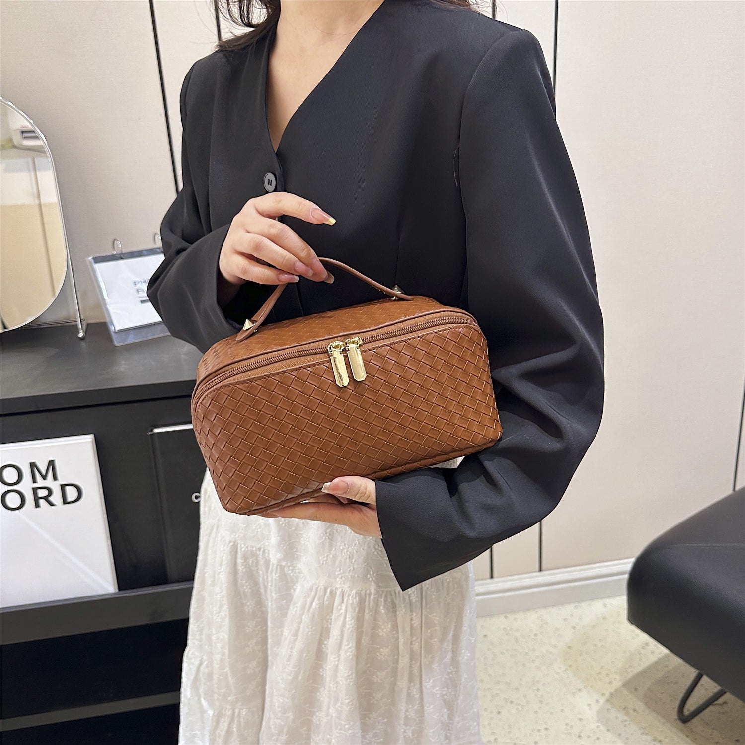 Synthetic Leather Woven Travel Makeup Bag