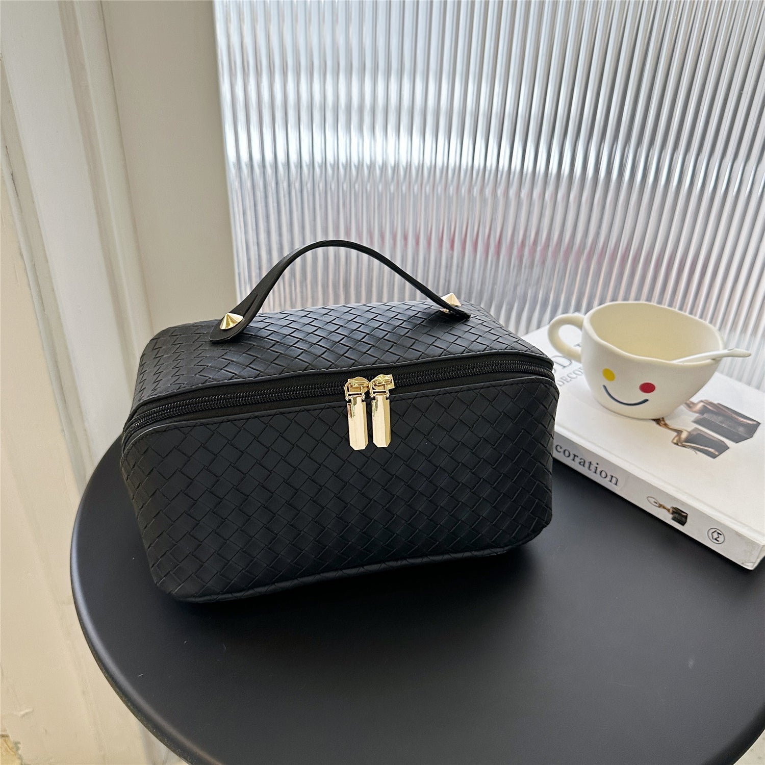 Synthetic Leather Woven Travel Makeup Bag