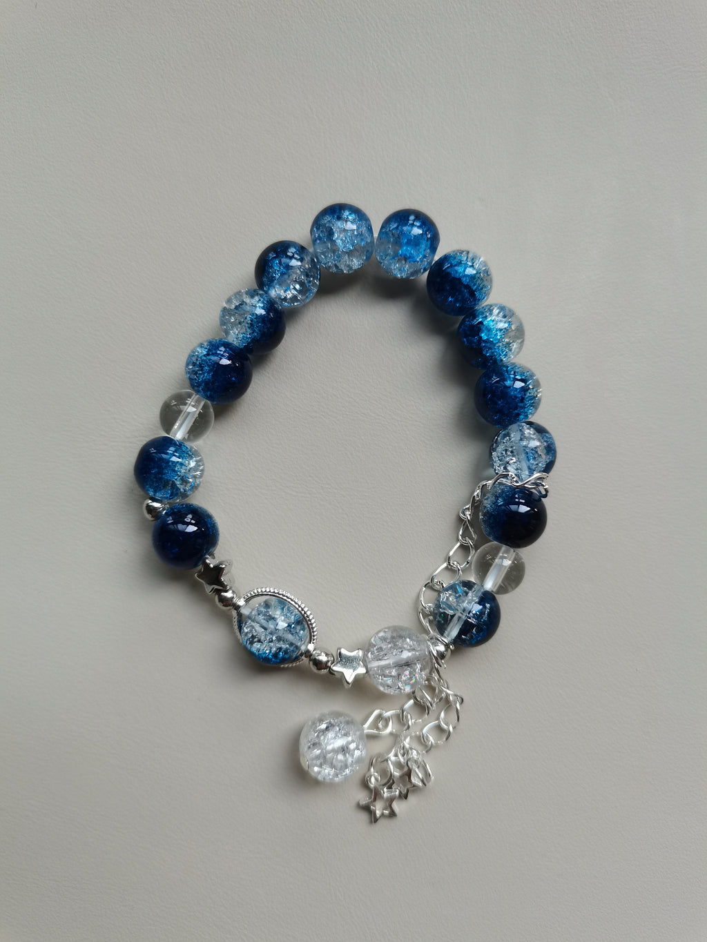 Glittery Blue & Clear Bead Bracelet with Dangling Stars