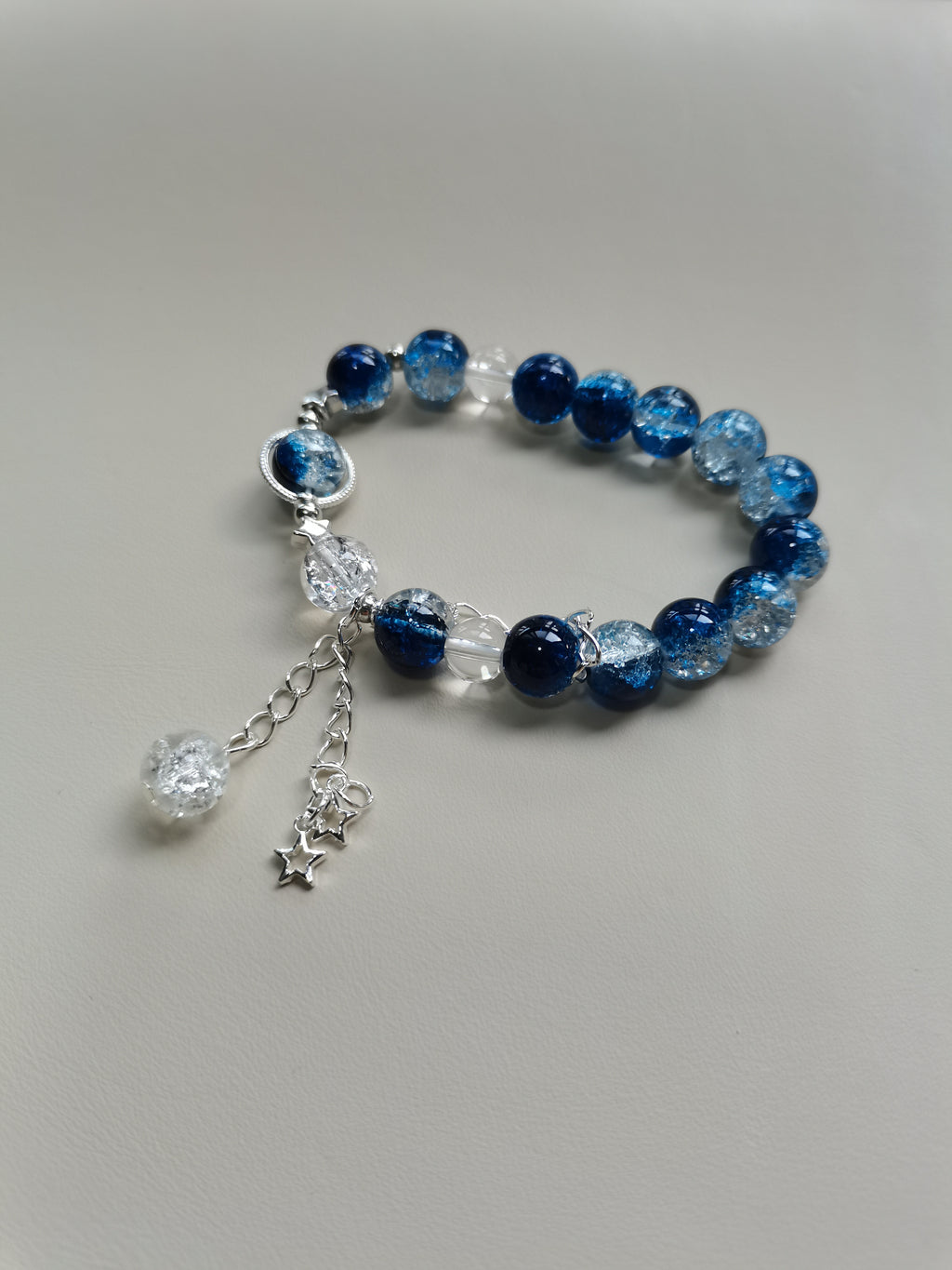 Glittery Blue & Clear Bead Bracelet with Dangling Stars