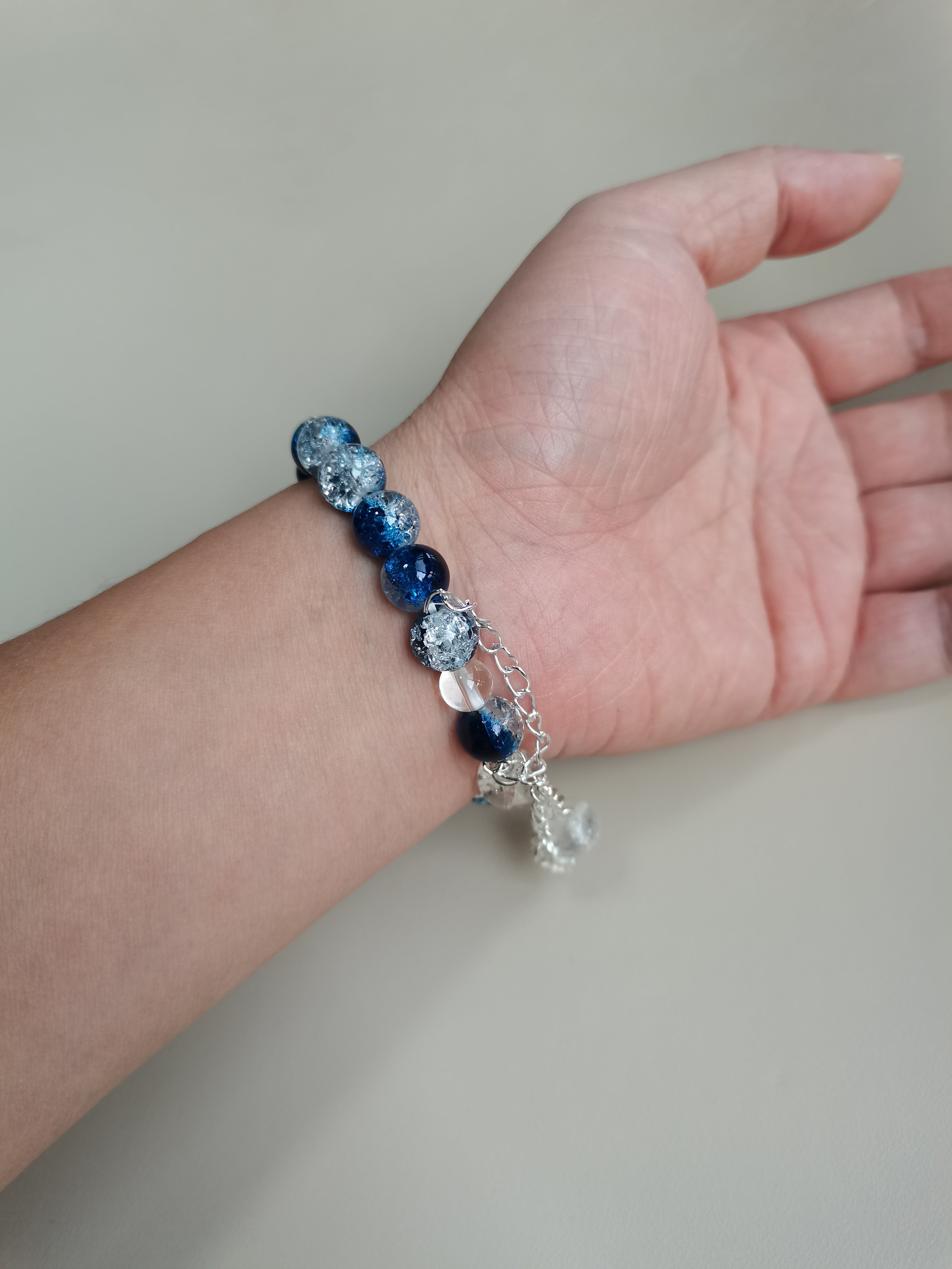 Glittery Blue & Clear Bead Bracelet with Dangling Stars