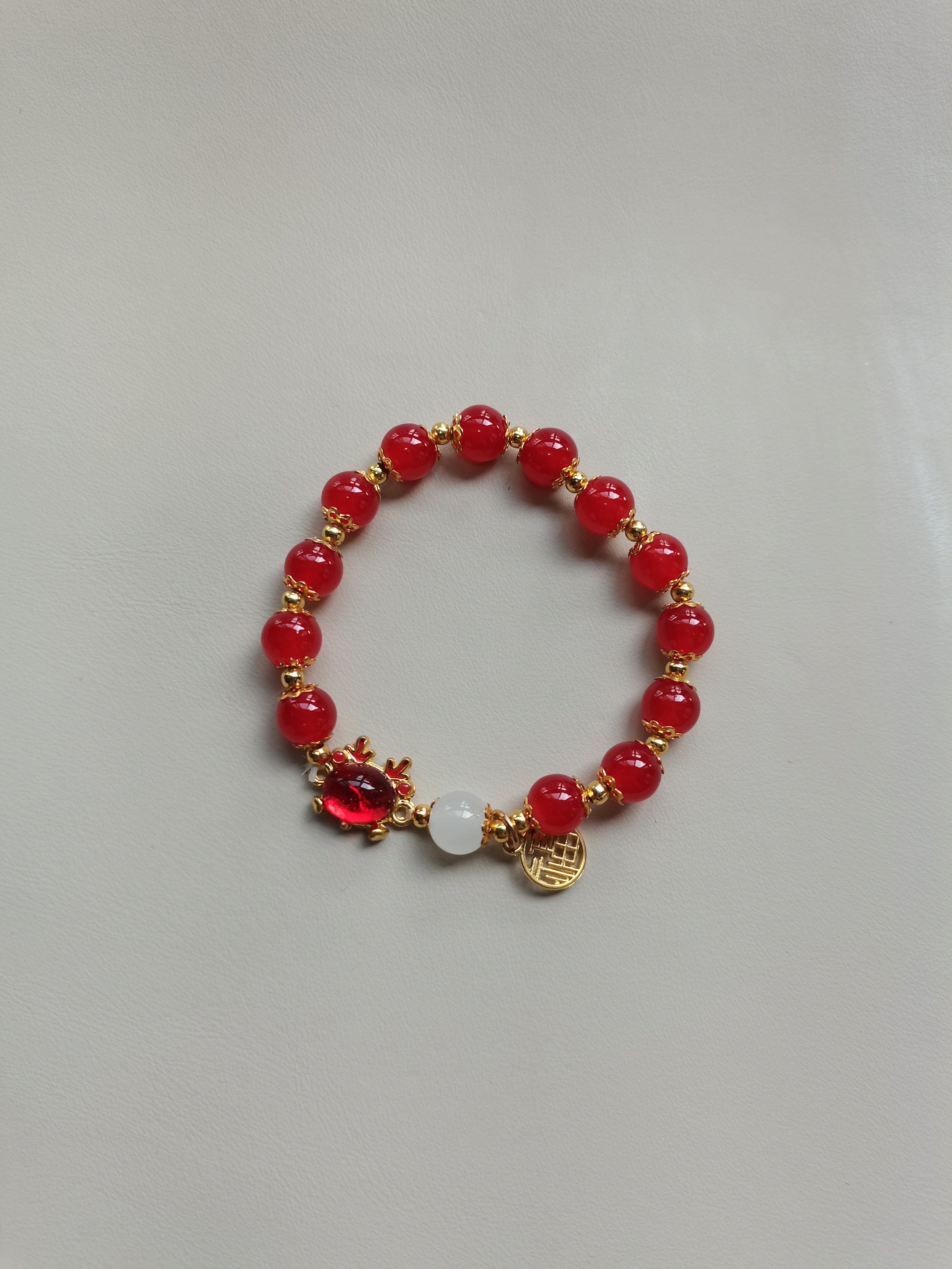 Lucky Red Bead Bracelet with Gold Plated 'Fu' Charms
