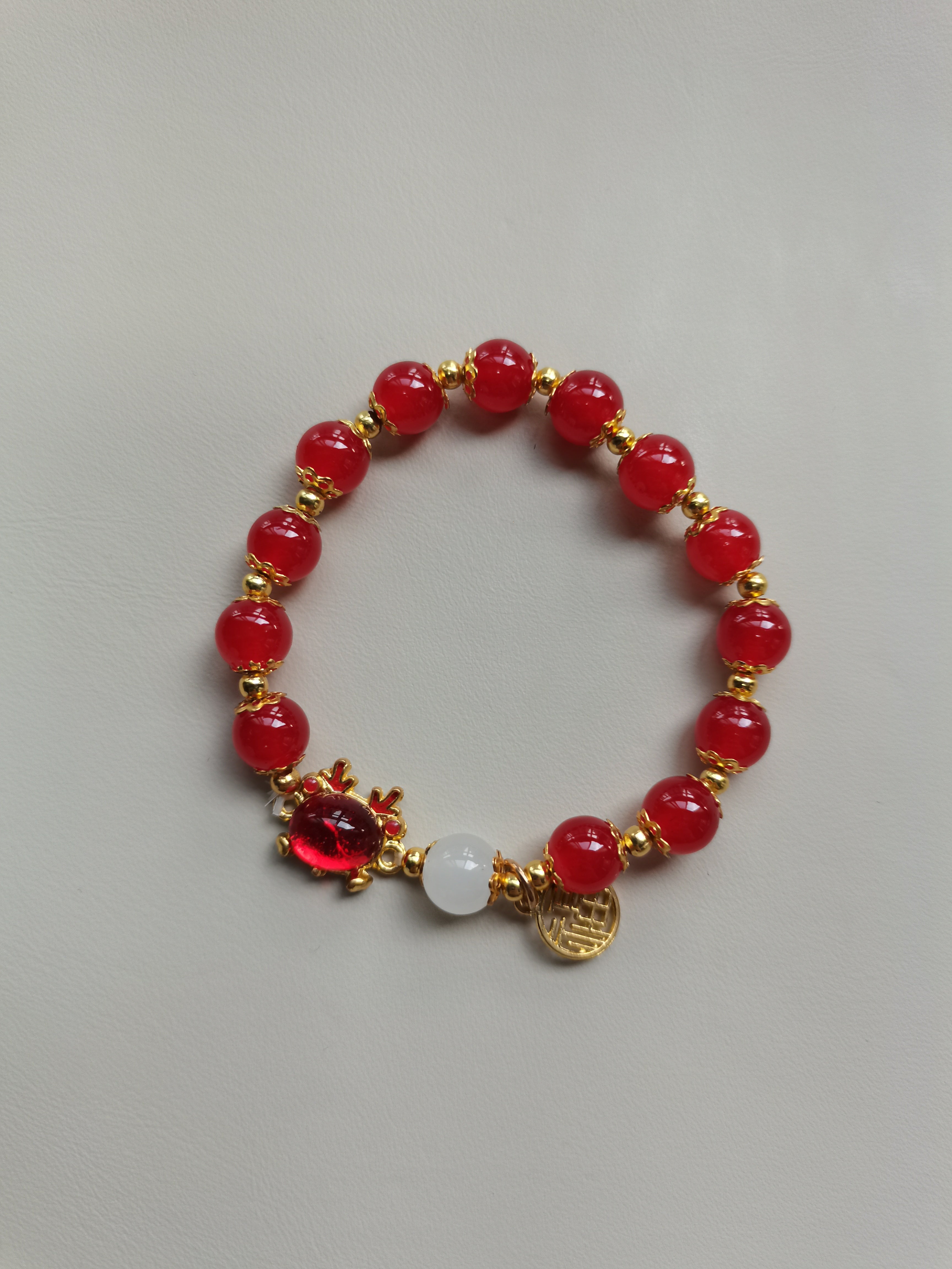 Lucky Red Bead Bracelet with Gold Plated 'Fu' Charms