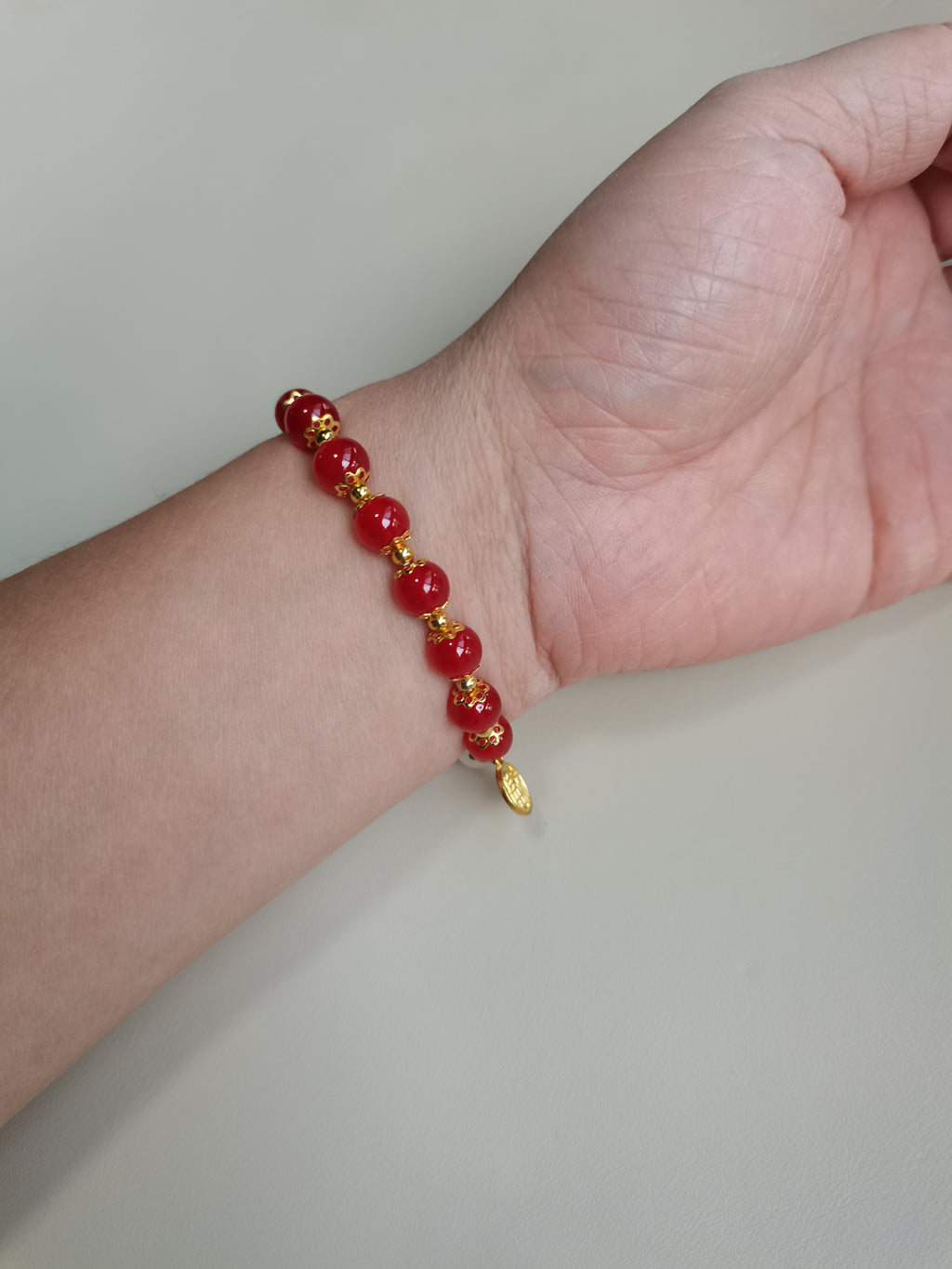 Lucky Red Bead Bracelet with Gold Plated 'Fu' Charms