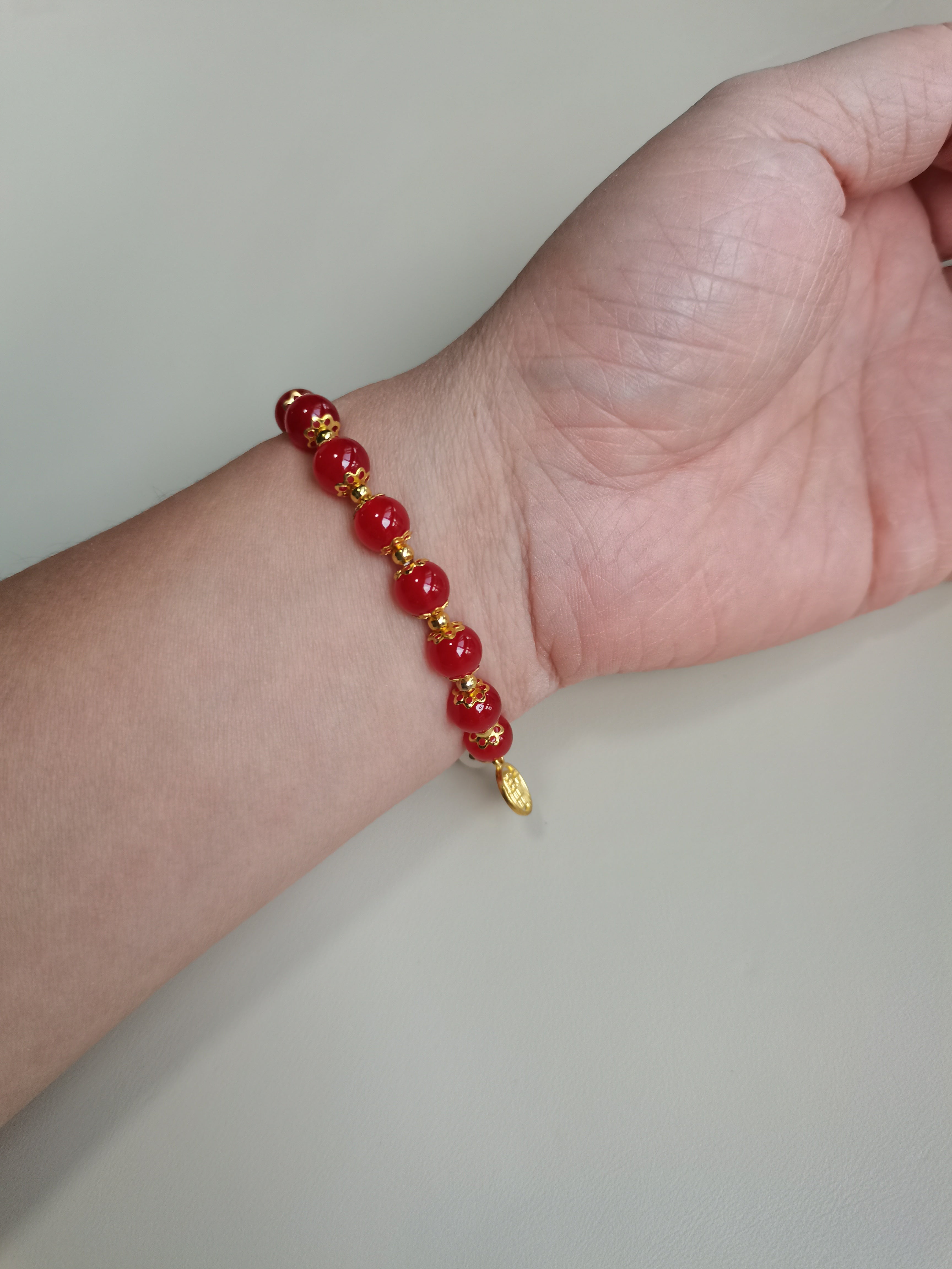 Lucky Red Bead Bracelet with Gold Plated 'Fu' Charms
