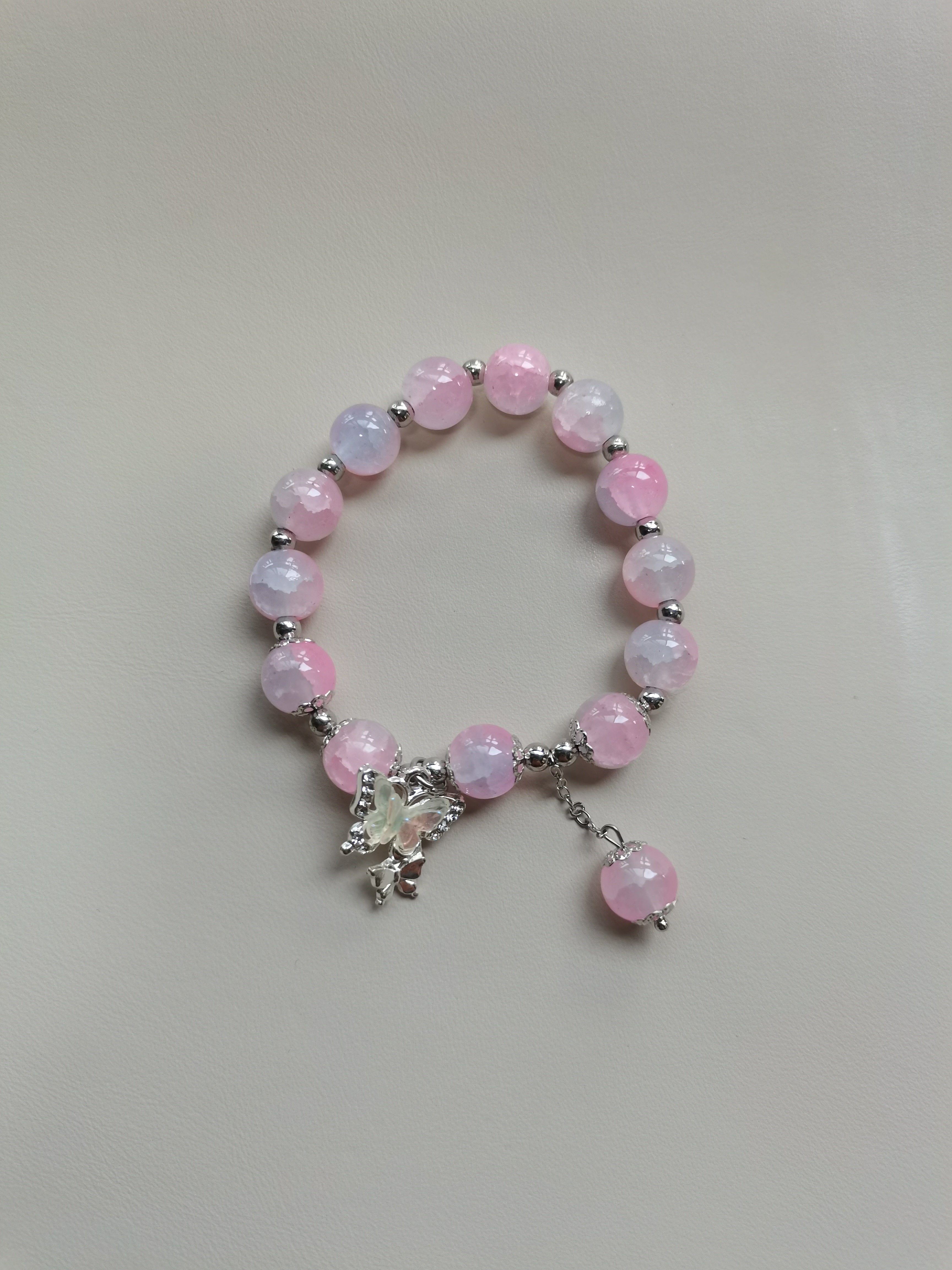 Pink Crystal Beaded Bracelet with Butterfly Charm