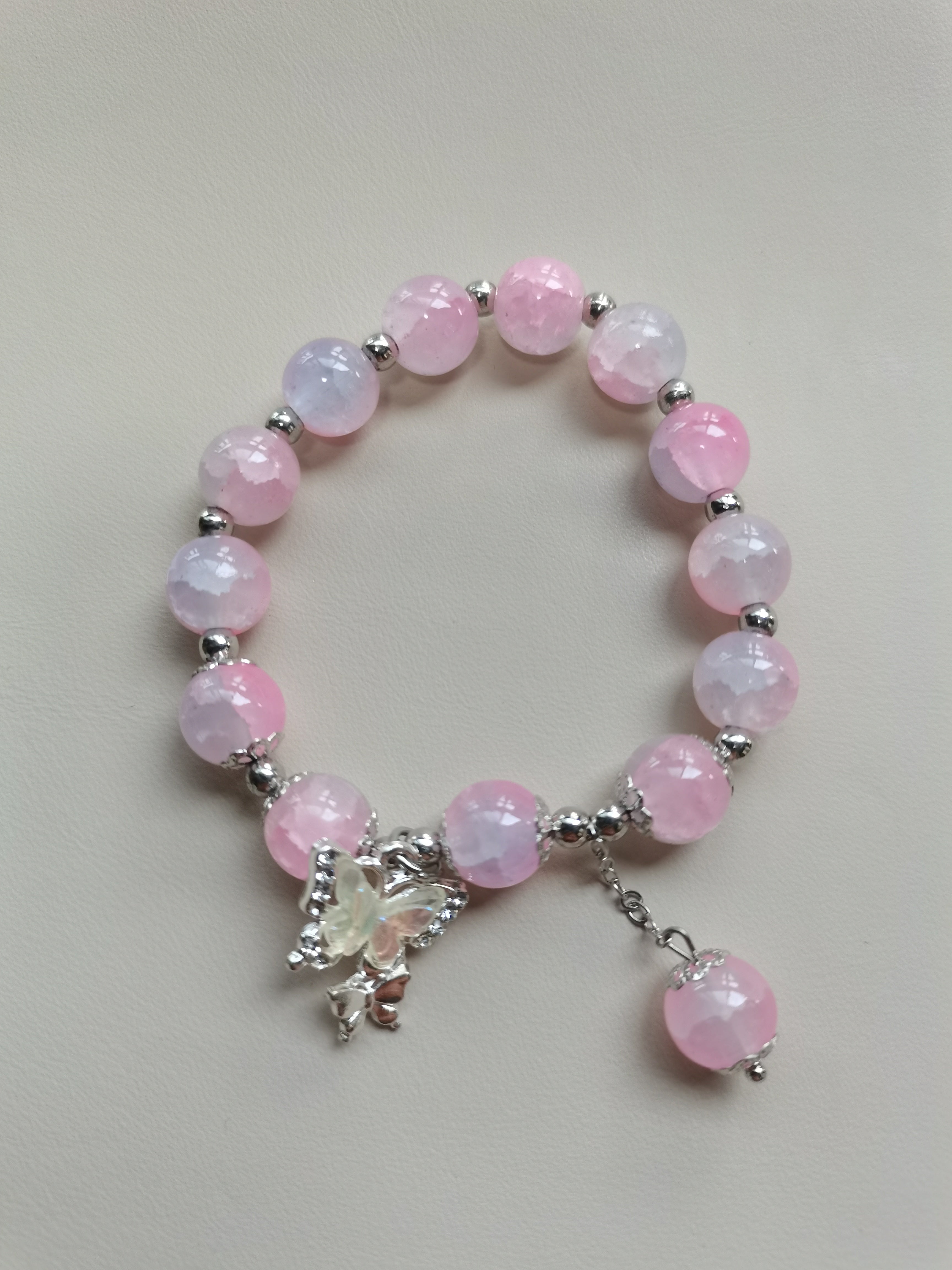 Pink Crystal Beaded Bracelet with Butterfly Charm
