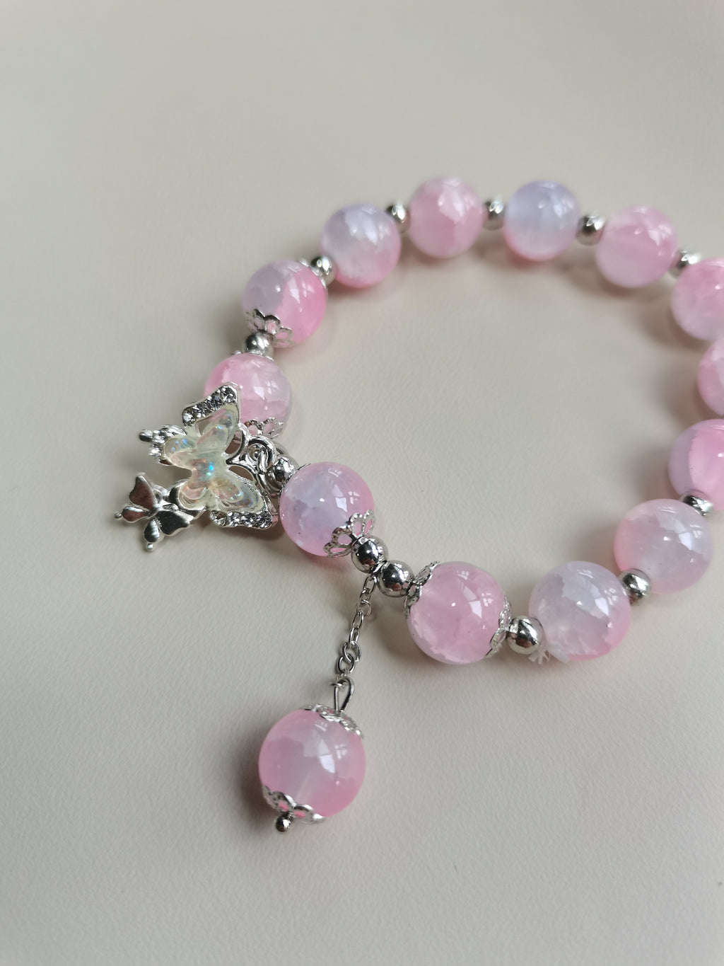 Pink Crystal Beaded Bracelet with Butterfly Charm