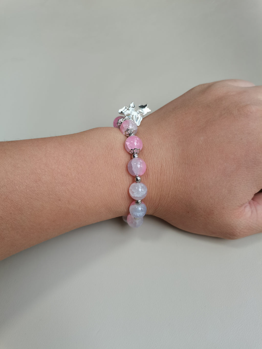 Pink Crystal Beaded Bracelet with Butterfly Charm