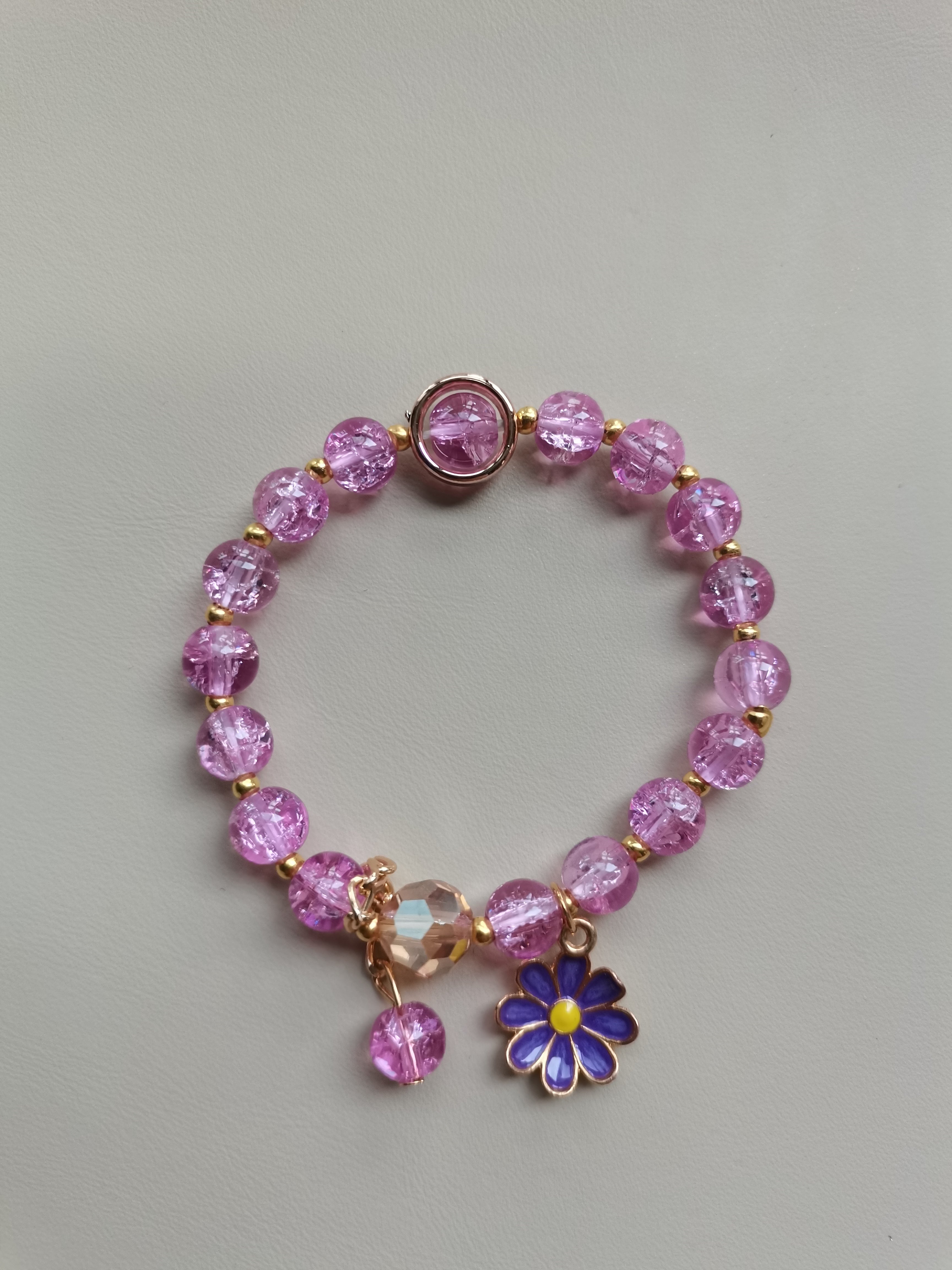 Dreamy Purple Crystal Beaded Bracelet with Daisy Flower Charm