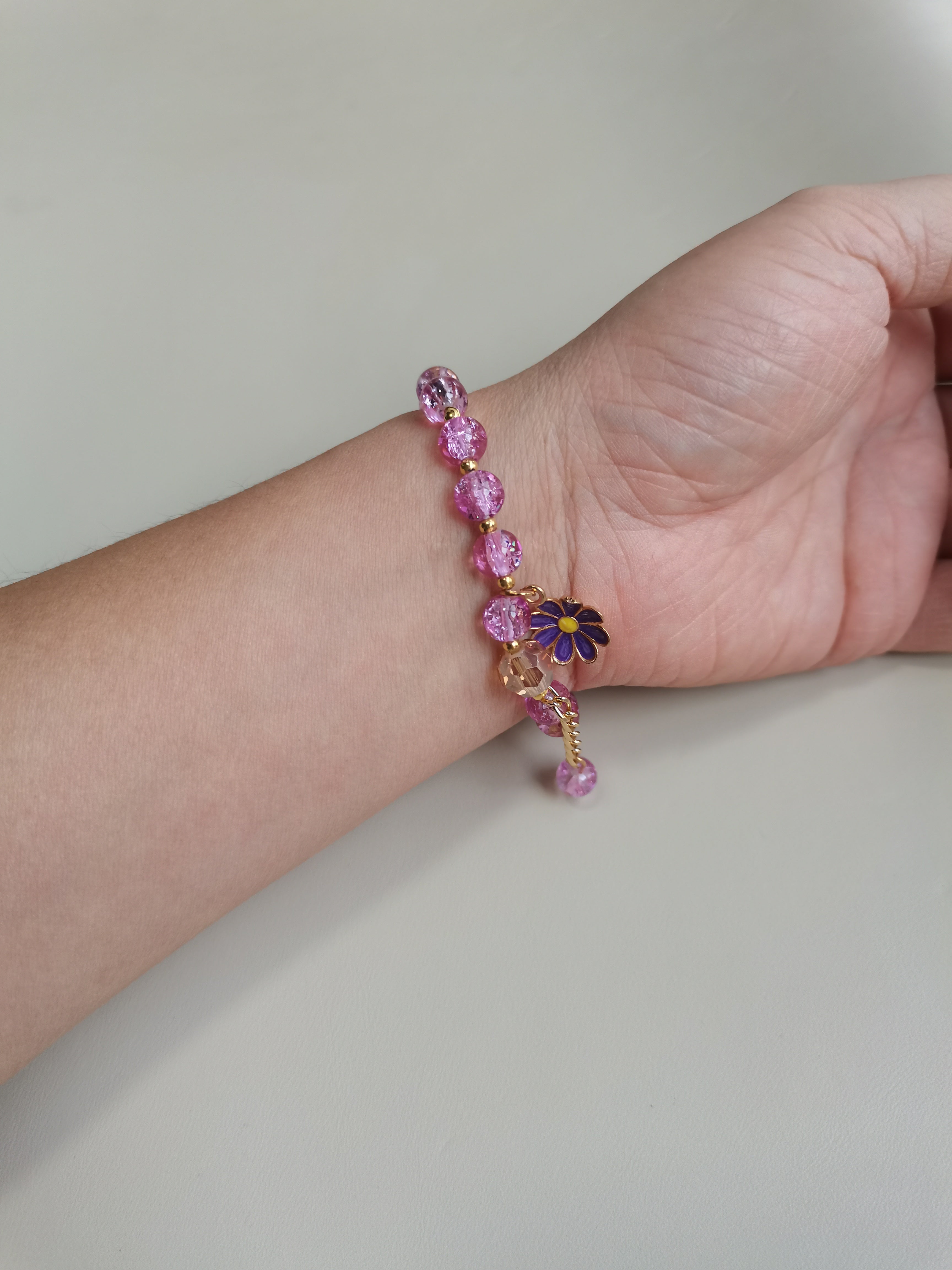 Dreamy Purple Crystal Beaded Bracelet with Daisy Flower Charm