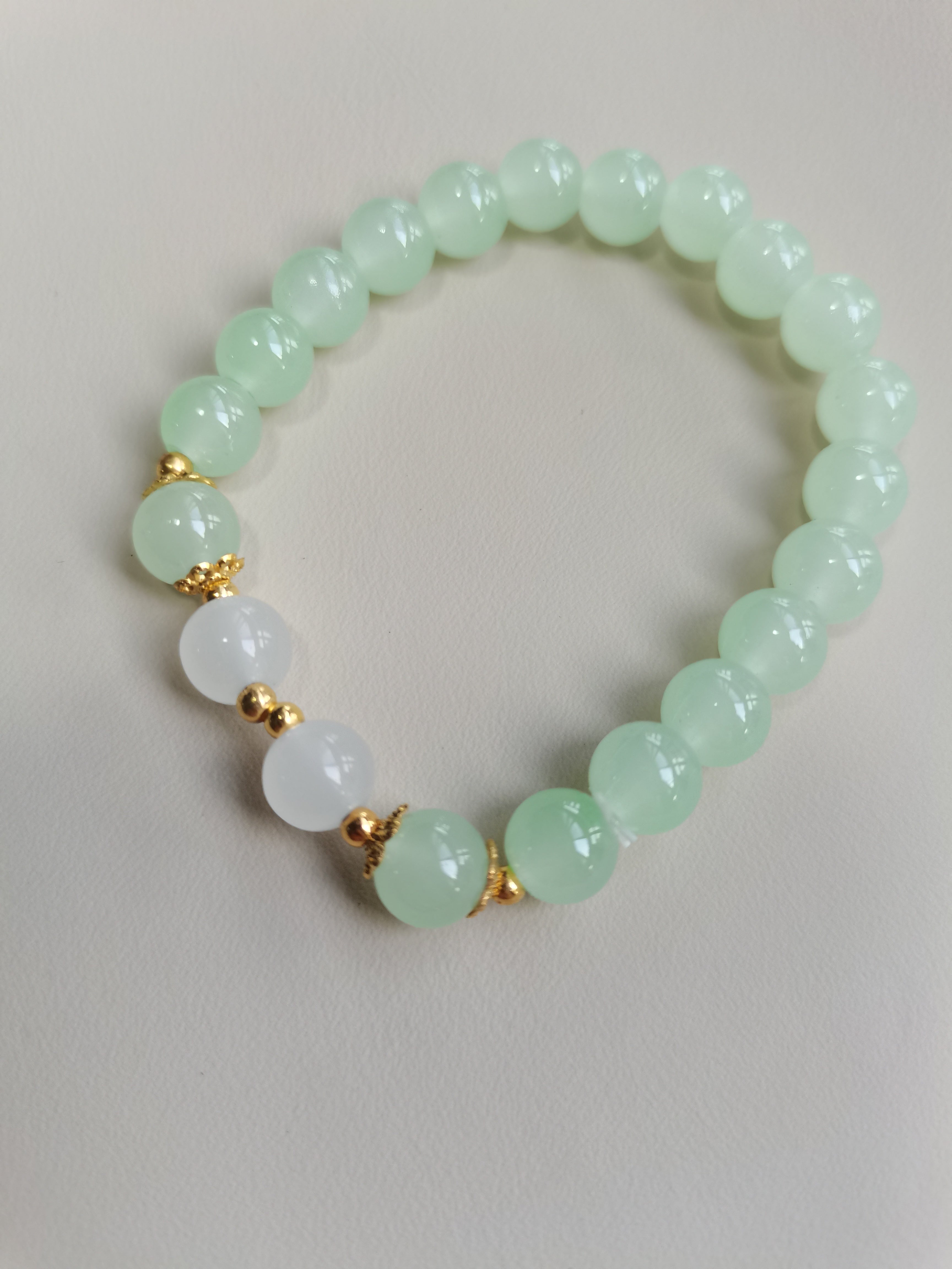 Light Green Beaded Bracelet with White Pearl Accents