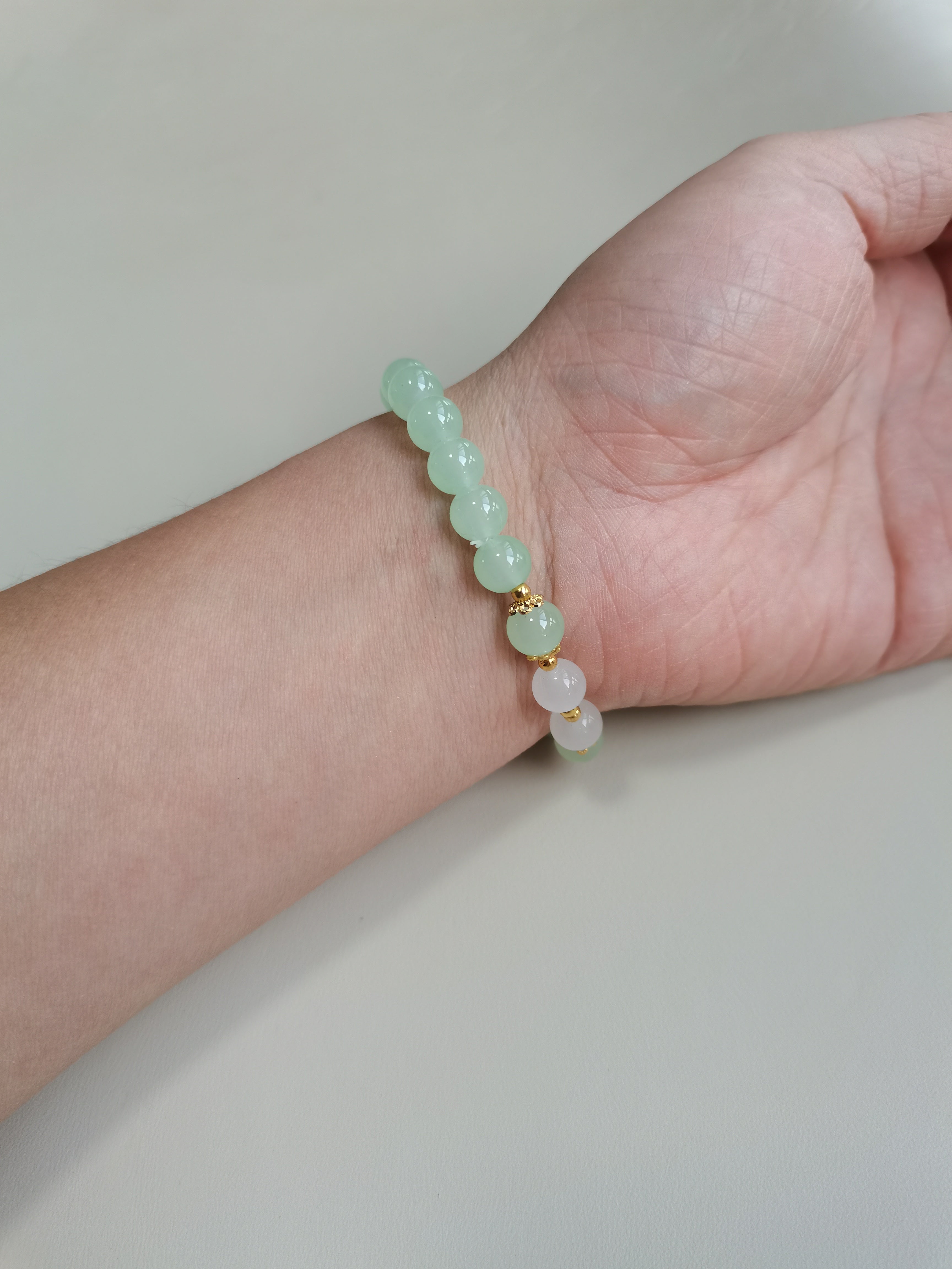 Light Green Beaded Bracelet with White Pearl Accents